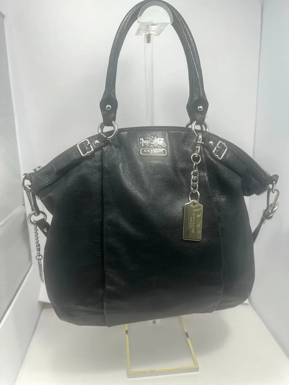 Coach Black Leather Large Satchel Shoulder Bag Style 19644 Purple Lining